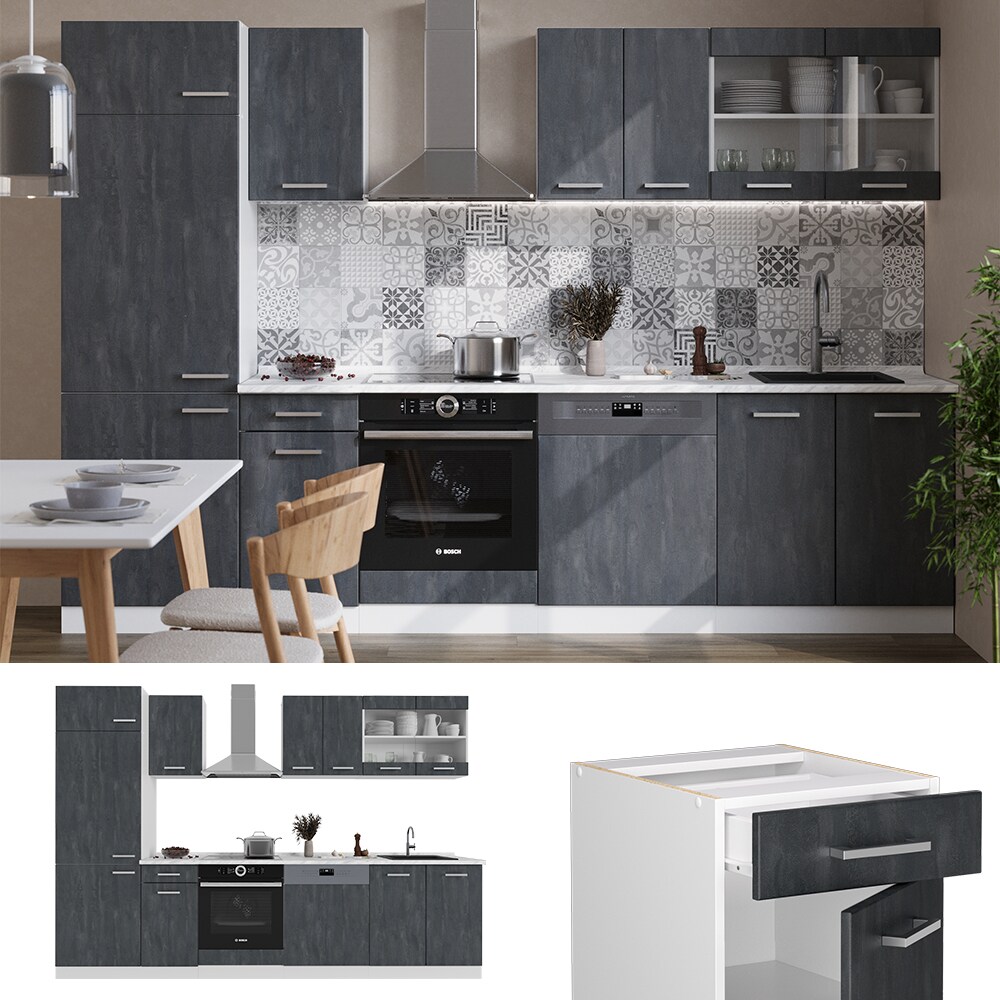 Vicco K&uuml;chenzeile R-Line 300 cm Schwarz Beton Wei&szlig; ohne Arbeitsplatte - Bild 1