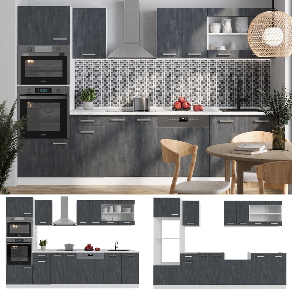 Vicco Küchenzeile R-Line 300 cm Schwarz Beton Weiß ohne Arbeitsplatte
