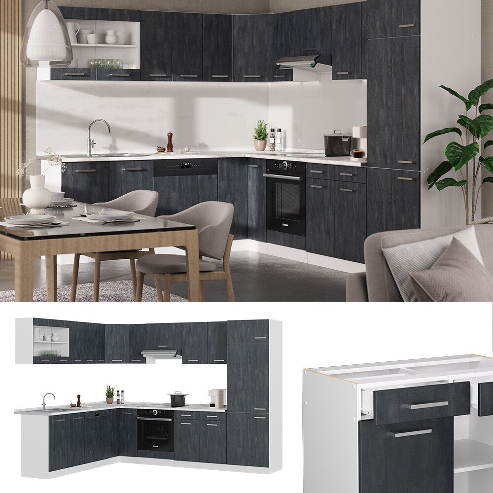 Vicco Eckküche R-Line 287x227 cm Schwarz Beton Weiß ohne Arbeitsplatte