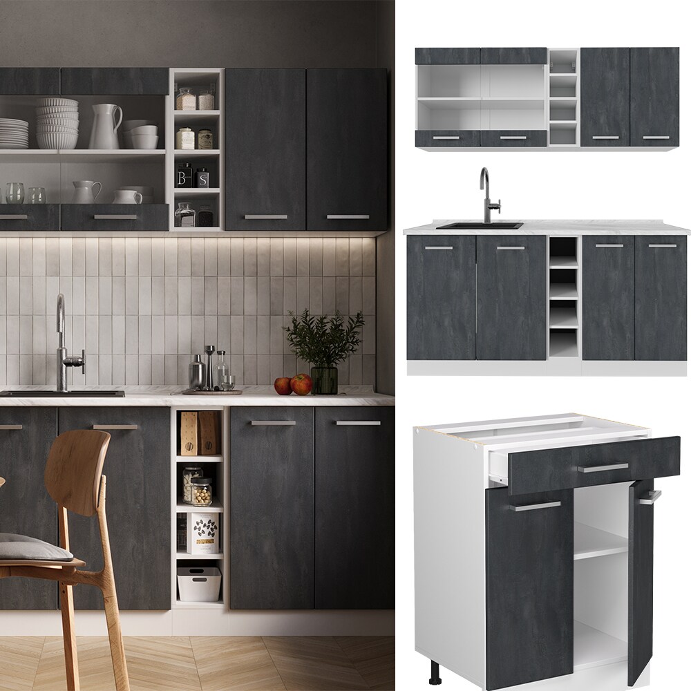 Vicco Singlek&uuml;che R-Line 160 cm Schwarz Beton Wei&szlig; ohne Arbeitsplatte - Bild 1