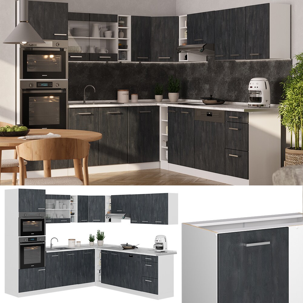 Vicco Eckk&uuml;che R-Line 247x237 cm Schwarz Beton Wei&szlig; ohne Arbeitsplatte - Bild 1