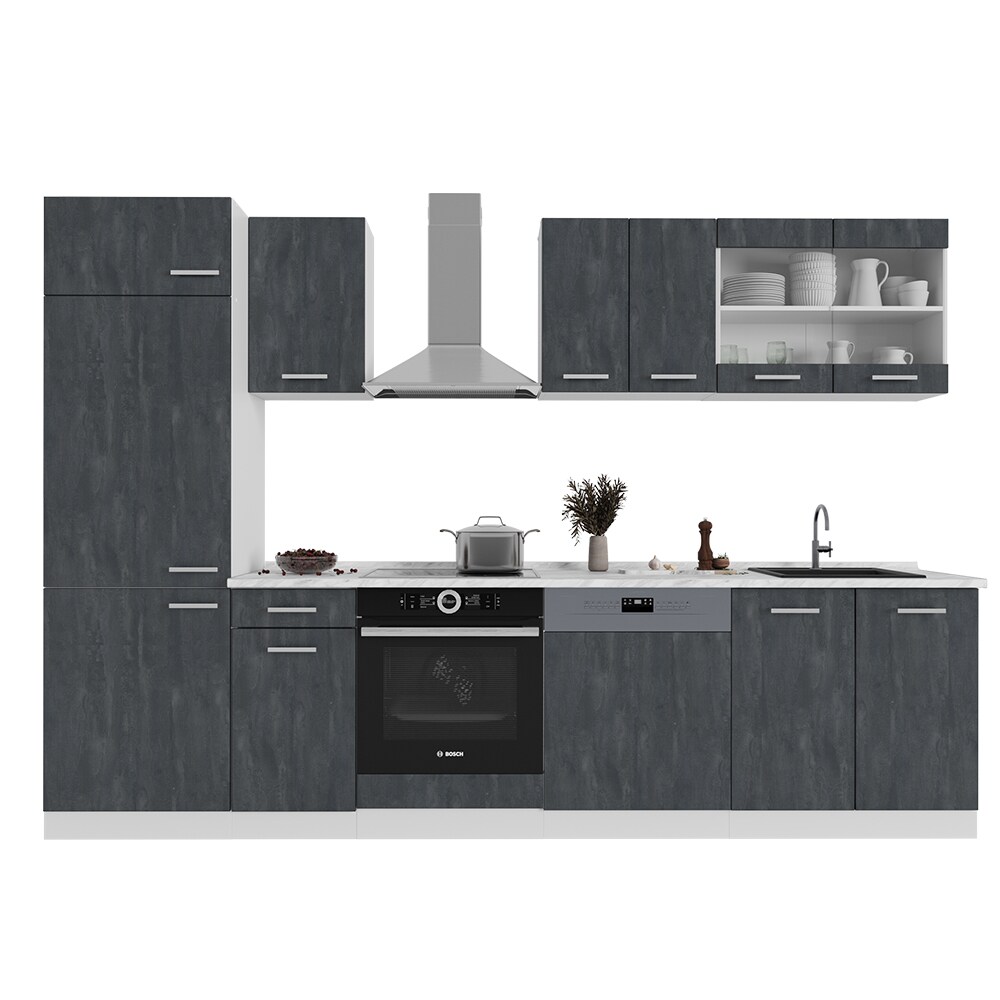 Vicco Küchenzeile R-Line 300 cm Schwarz Beton Weiß mit Arbeitsplatte Eiche