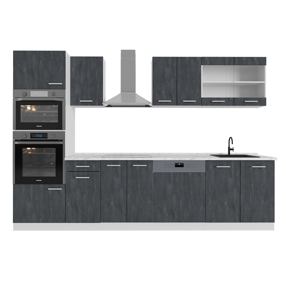 Vicco Küchenzeile R-Line 300 cm Schwarz Beton Weiß mit Arbeitsplatte Weiß Marmor