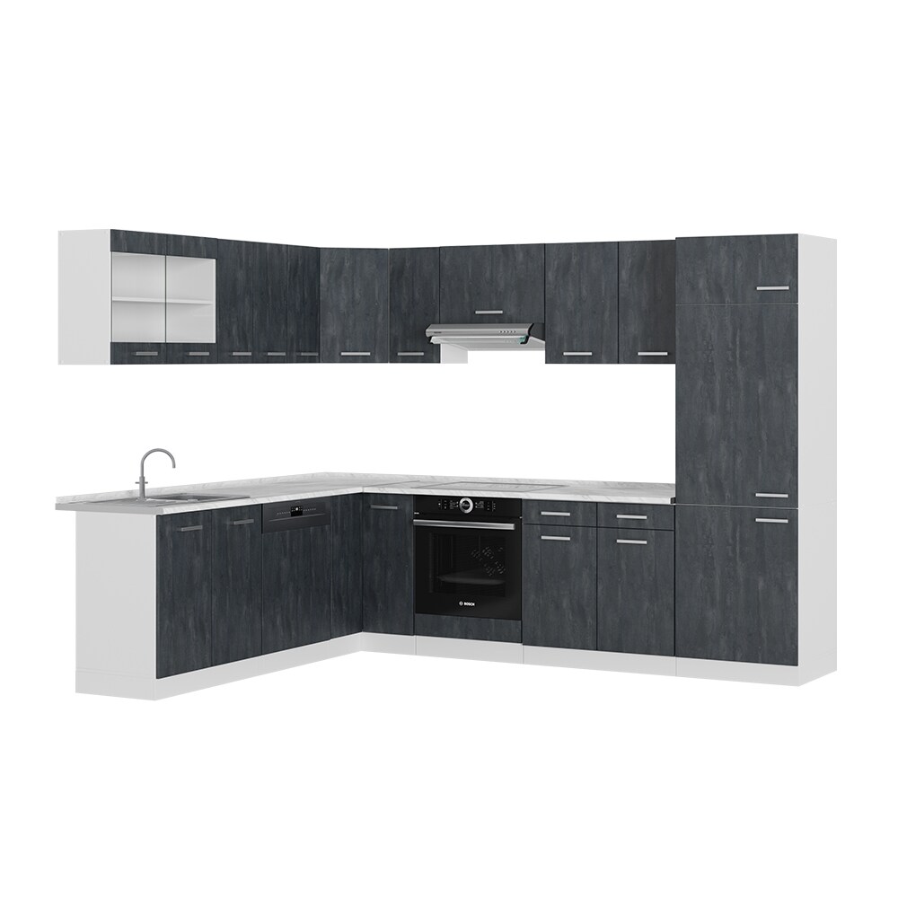 Vicco Eckküche R-Line 287x227 cm Schwarz Beton Weiß mit Arbeitsplatte Eiche