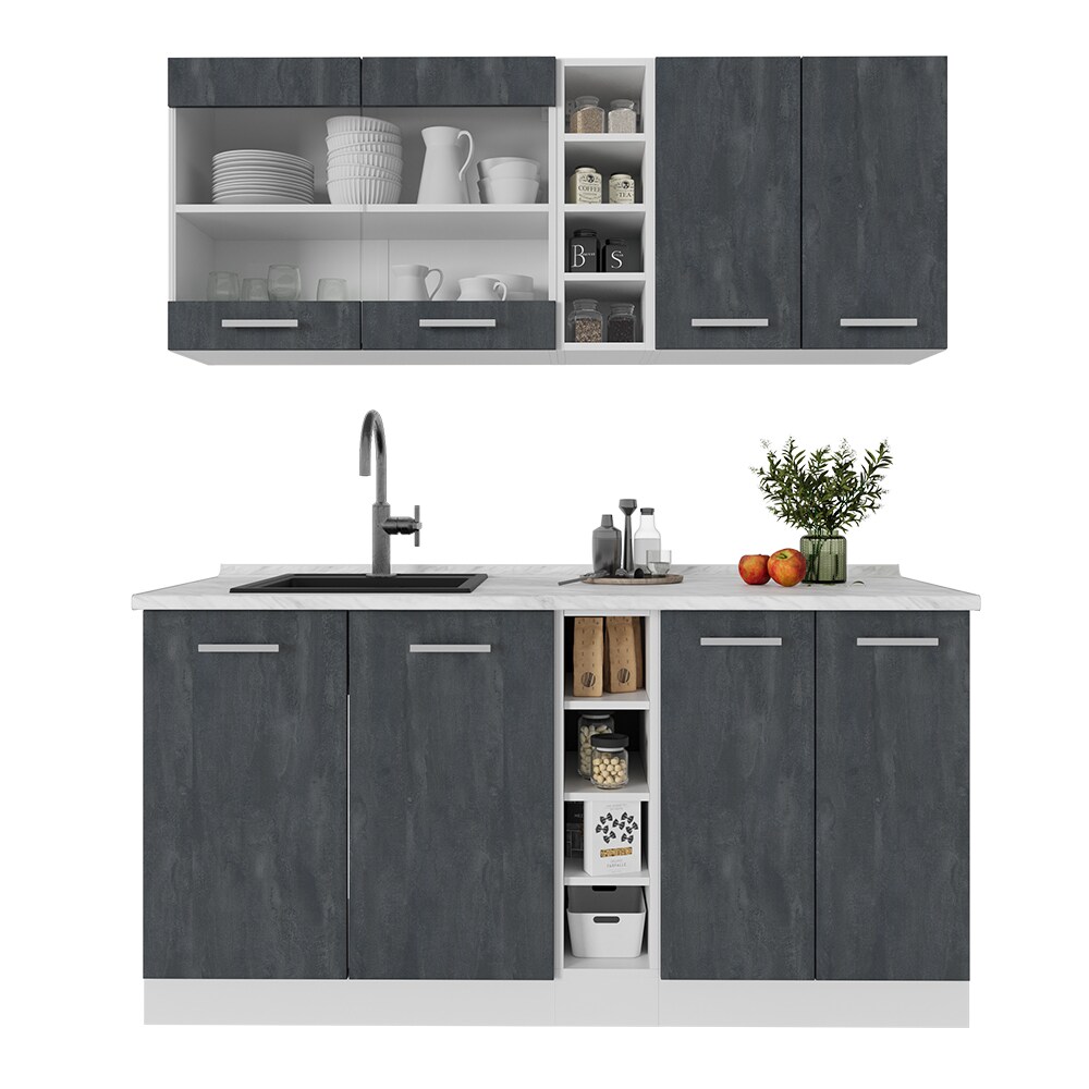 Vicco Singleküche R-Line 160 cm Schwarz Beton Weiß mit Arbeitsplatte Weiß Marmor