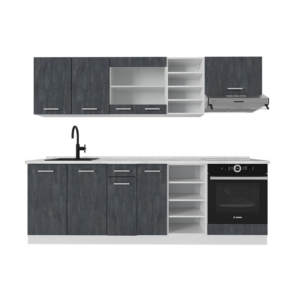 Vicco Küchenzeile R-Line 240 cm Schwarz Beton Weiß mit Arbeitsplatte Eiche