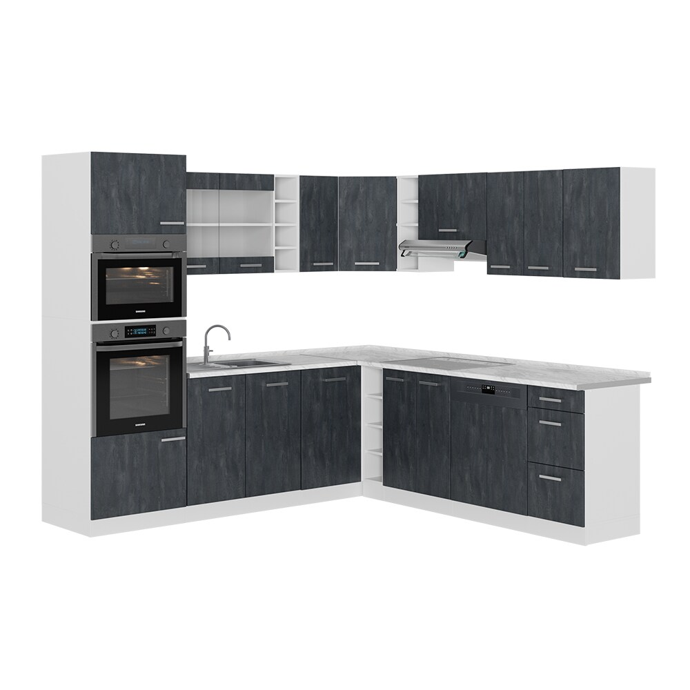 Vicco Eckküche R-Line 247x237 cm Schwarz Beton Weiß mit Arbeitsplatte Eiche