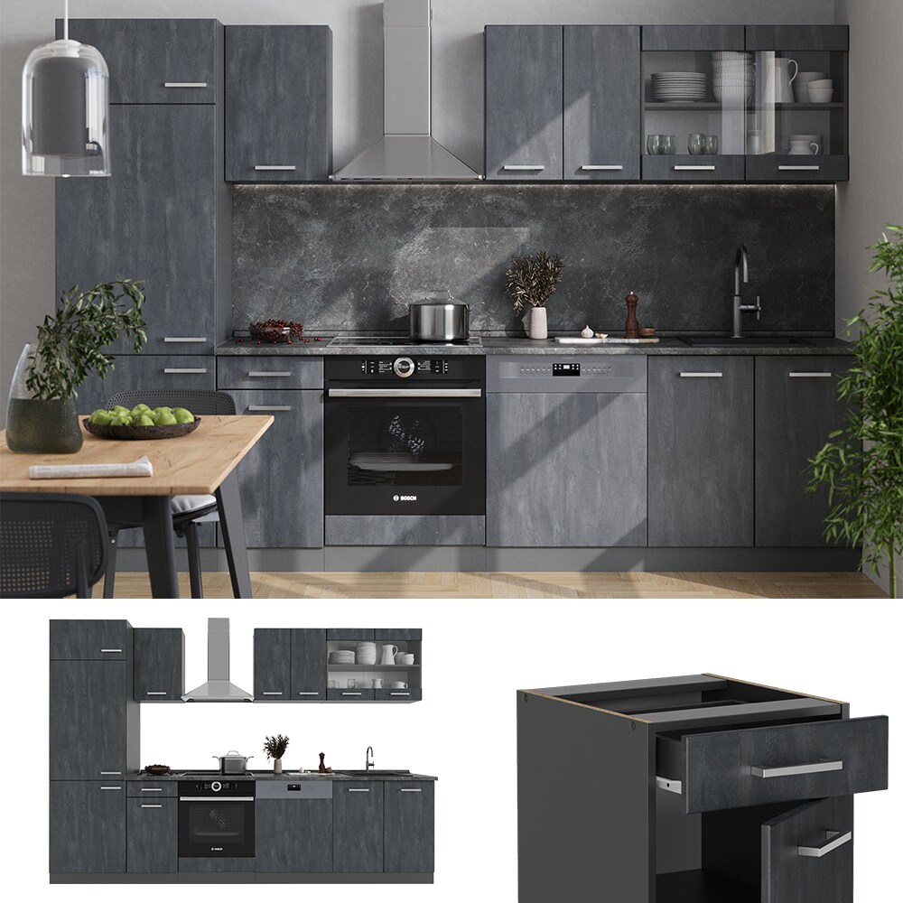 Vicco Küchenzeile R-Line 300 cm Schwarz Beton Anthrazit ohne Arbeitsplatte