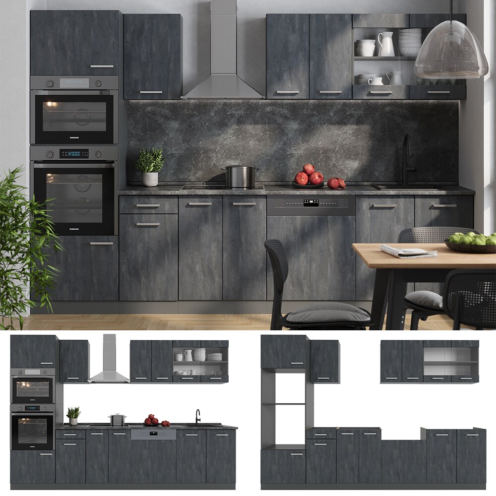 Vicco Küchenzeile R-Line 300 cm Schwarz Beton Anthrazit ohne Arbeitsplatte