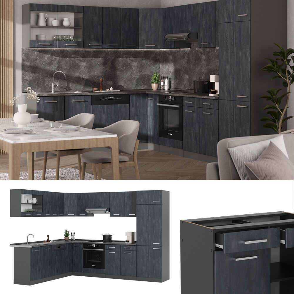 Vicco Eckküche R-Line 287x227 cm Schwarz Beton Anthrazit ohne Arbeitsplatte