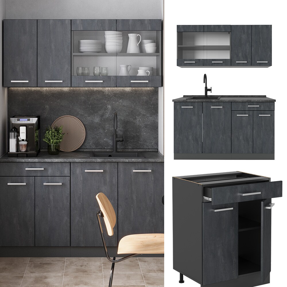 Vicco Singleküche R-Line 140 cm Schwarz Beton Anthrazit ohne Arbeitsplatte