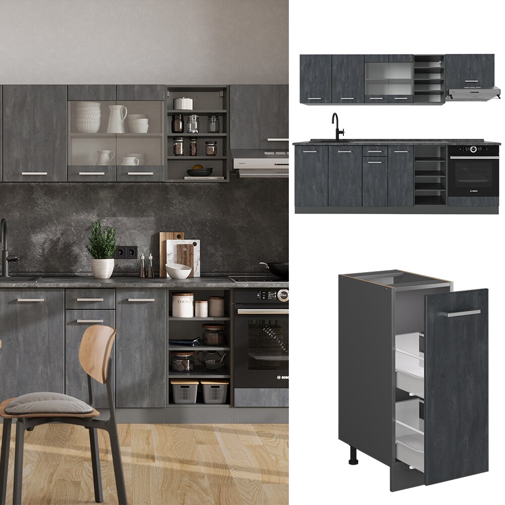 Vicco Küchenzeile R-Line 240 cm Schwarz Beton Anthrazit ohne Arbeitsplatte