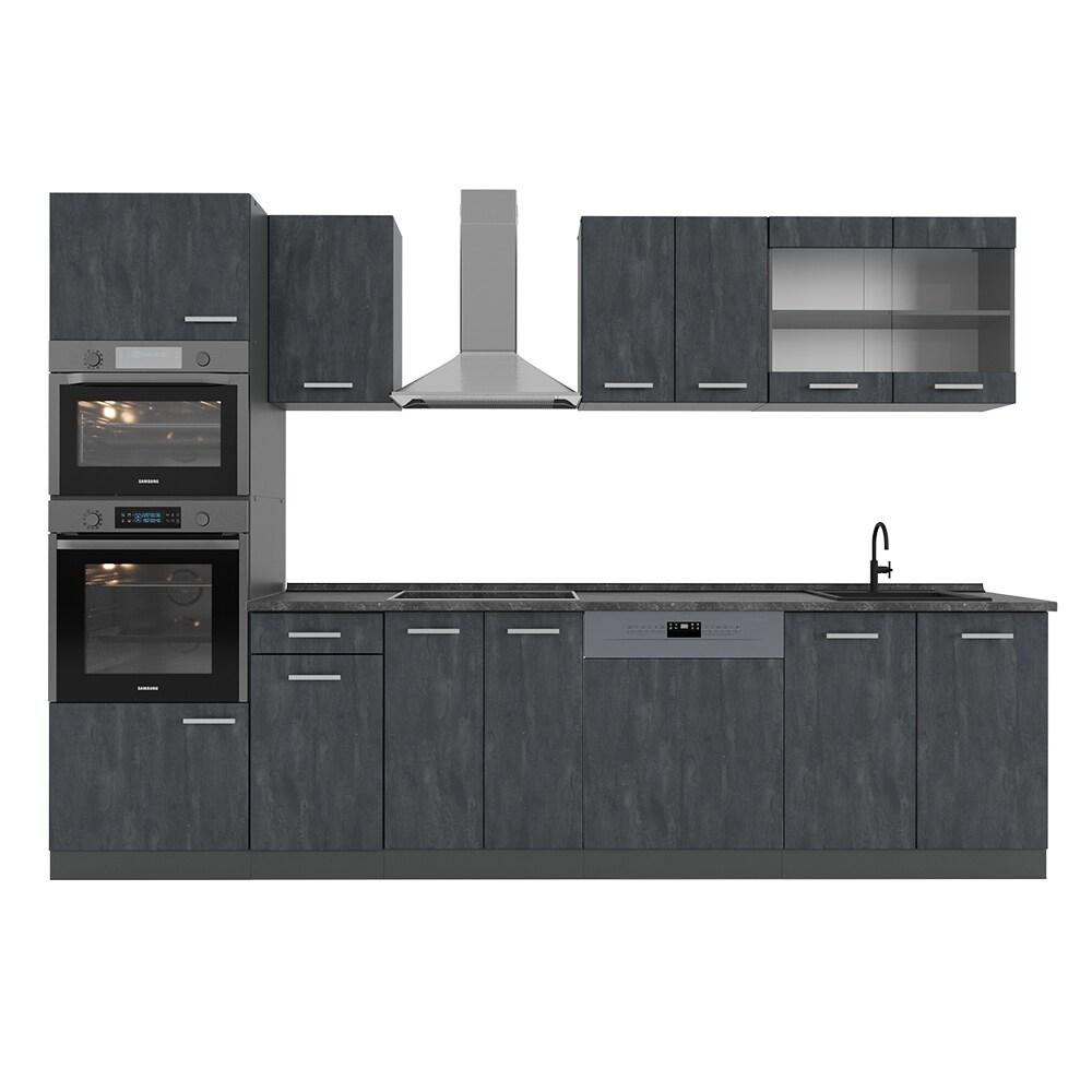 Vicco Küchenzeile R-Line 300 cm Schwarz Beton Anthrazit mit Arbeitsplatte Weiß-Marmor