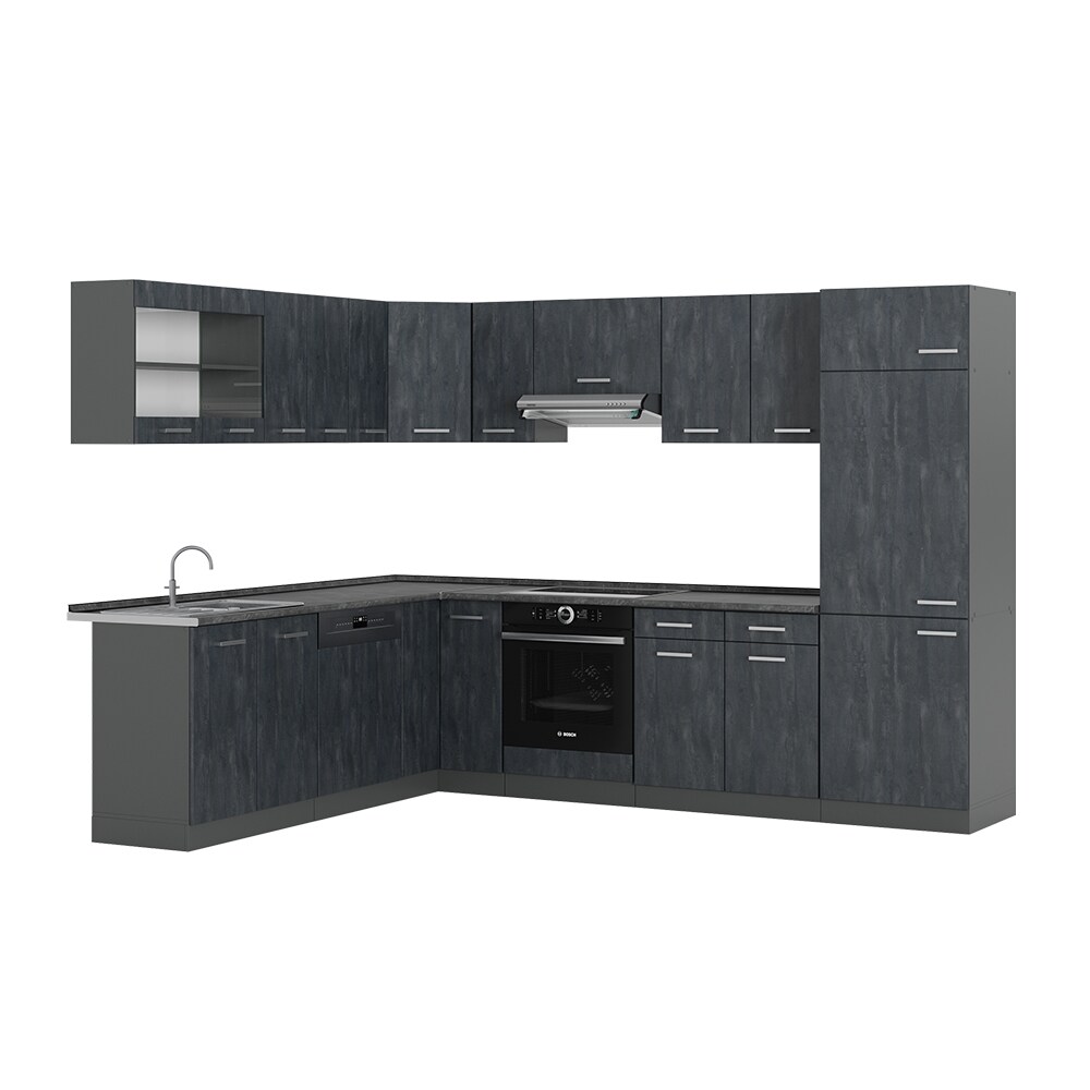 Vicco Eckküche R-Line 287x227 cm Schwarz Beton Anthrazit mit Arbeitsplatte Weiß-Marmor