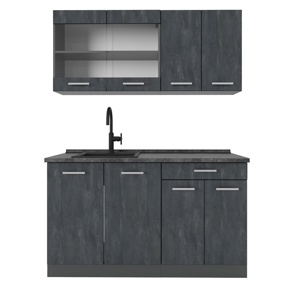 Vicco Singleküche R-Line 140 cm Schwarz Beton Anthrazit mit Arbeitsplatte Anthrazit