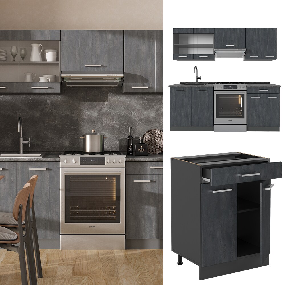 Vicco K&uuml;chenzeile R-Line 200 cm Schwarz Beton Anthrazit mit Arbeitsplatte Eiche - Bild 1