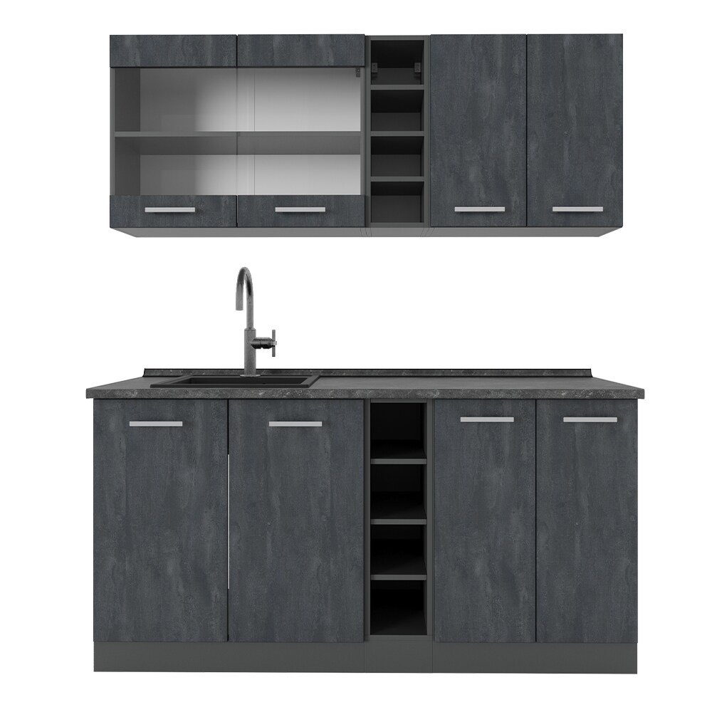 Vicco Singleküche R-Line 160 cm Schwarz Beton Anthrazit mit Arbeitsplatte Eiche