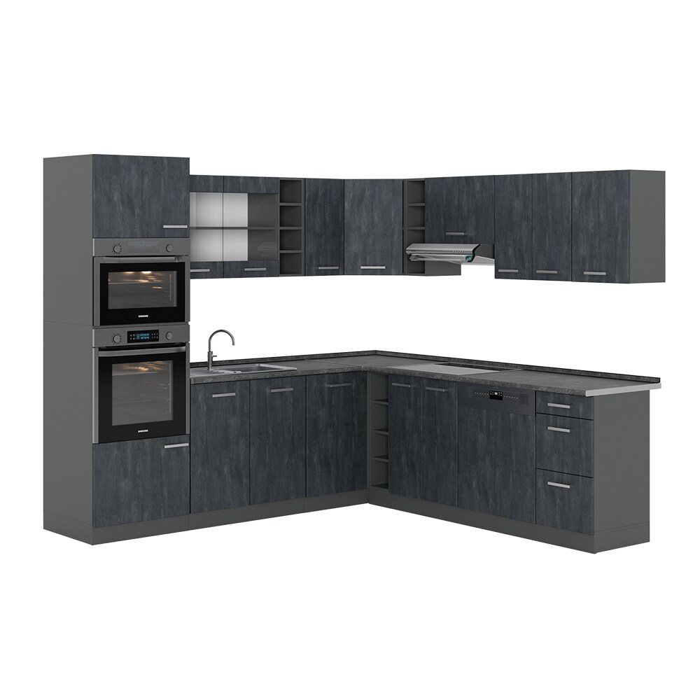 Vicco Eckküche R-Line 247x237 cm Schwarz Beton Anthrazit mit Arbeitsplatte Eiche