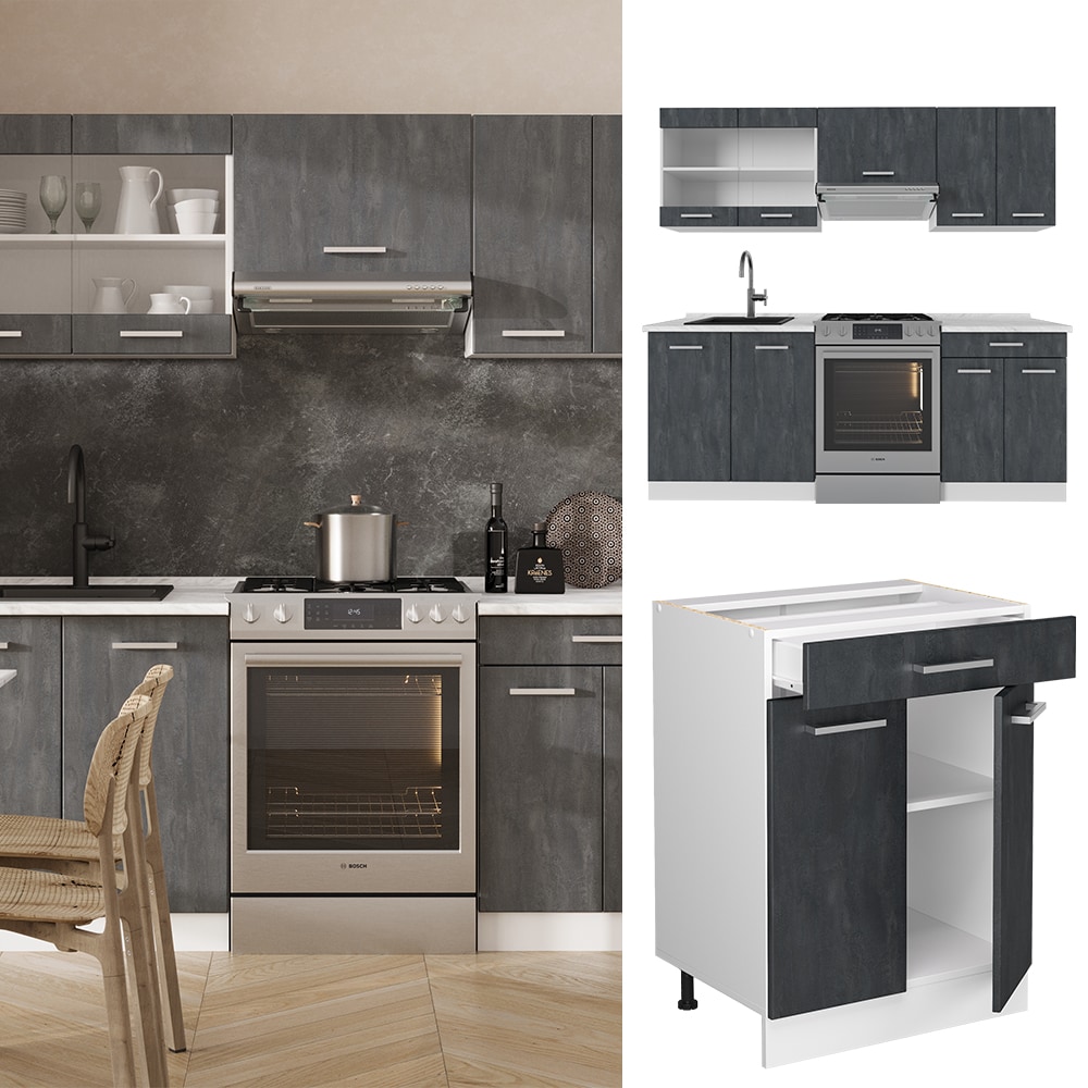 Vicco K&uuml;chenzeile R-Line 200 cm Schwarz Beton Wei&szlig; mit Arbeitsplatte Anthrazit - Bild 1