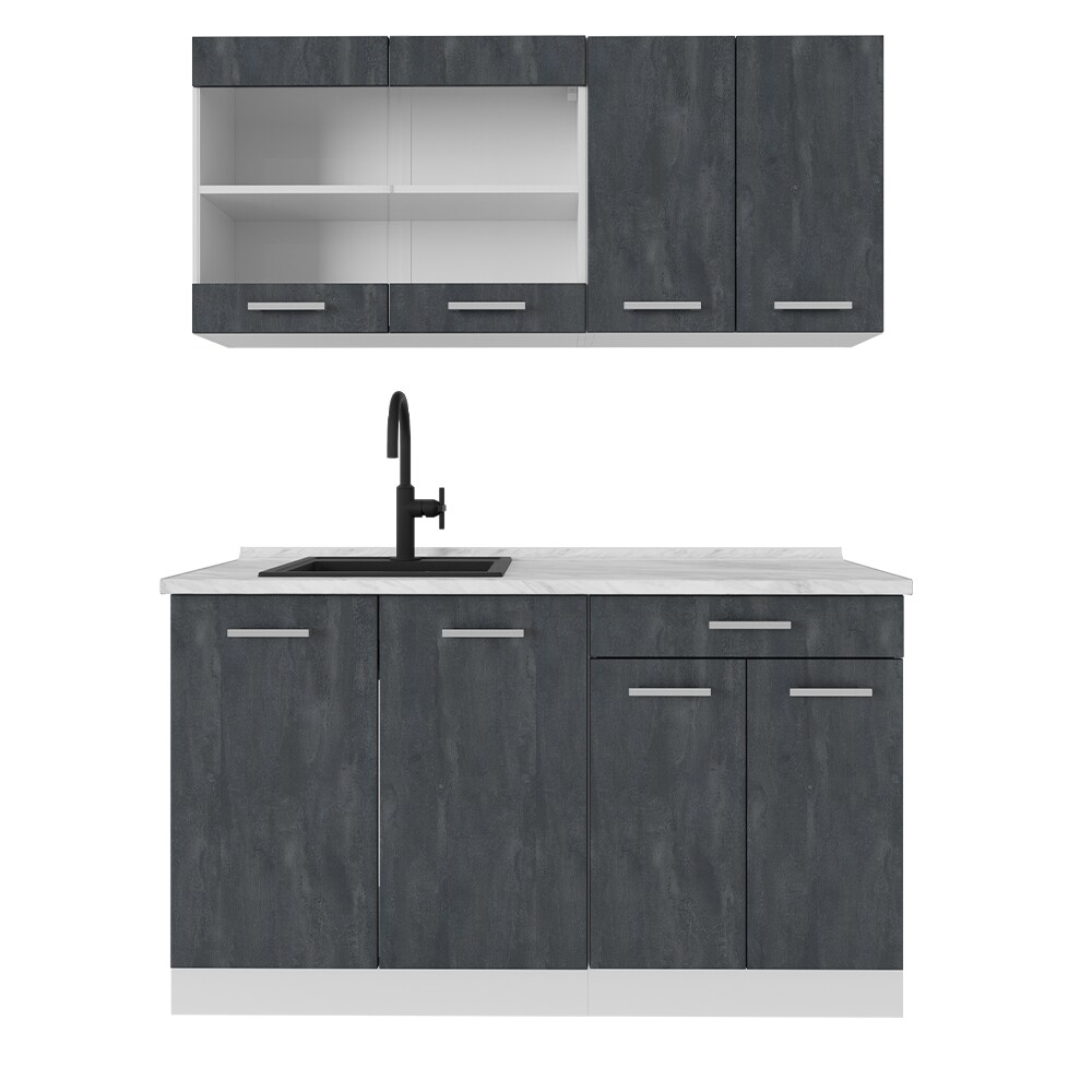 Vicco Singleküche R-Line 140 cm Schwarz Beton Weiß mit Arbeitsplatte Eiche