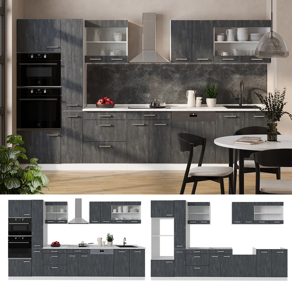 Vicco Küchenzeile R-Line 350 cm Schwarz Beton Weiß mit Arbeitsplatte Anthrazit