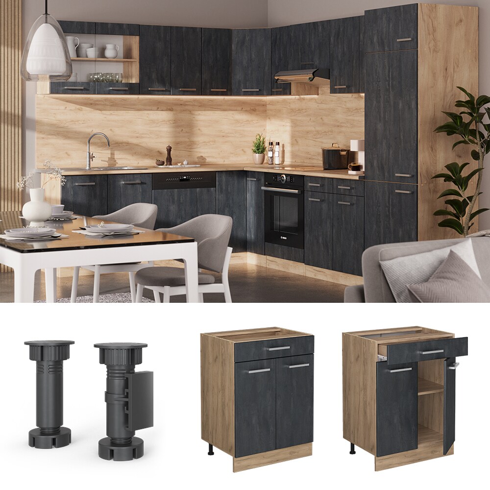 Vicco Schubunterschrank R-Line Schwarz Beton Eiche 60 cm mit Arbeitsplatte Eiche