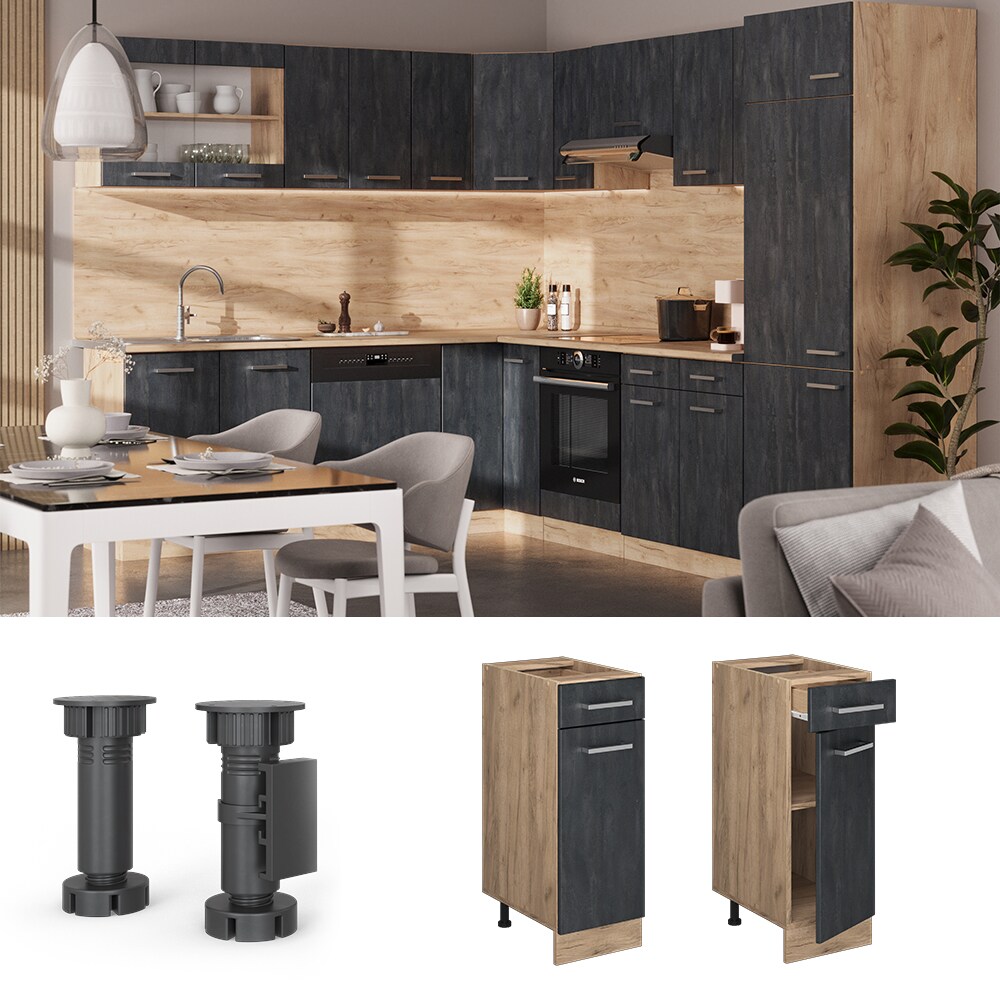 Vicco Schubunterschrank R-Line Schwarz Beton Eiche 30 cm mit Arbeitsplatte Anthrazit - Bild 1