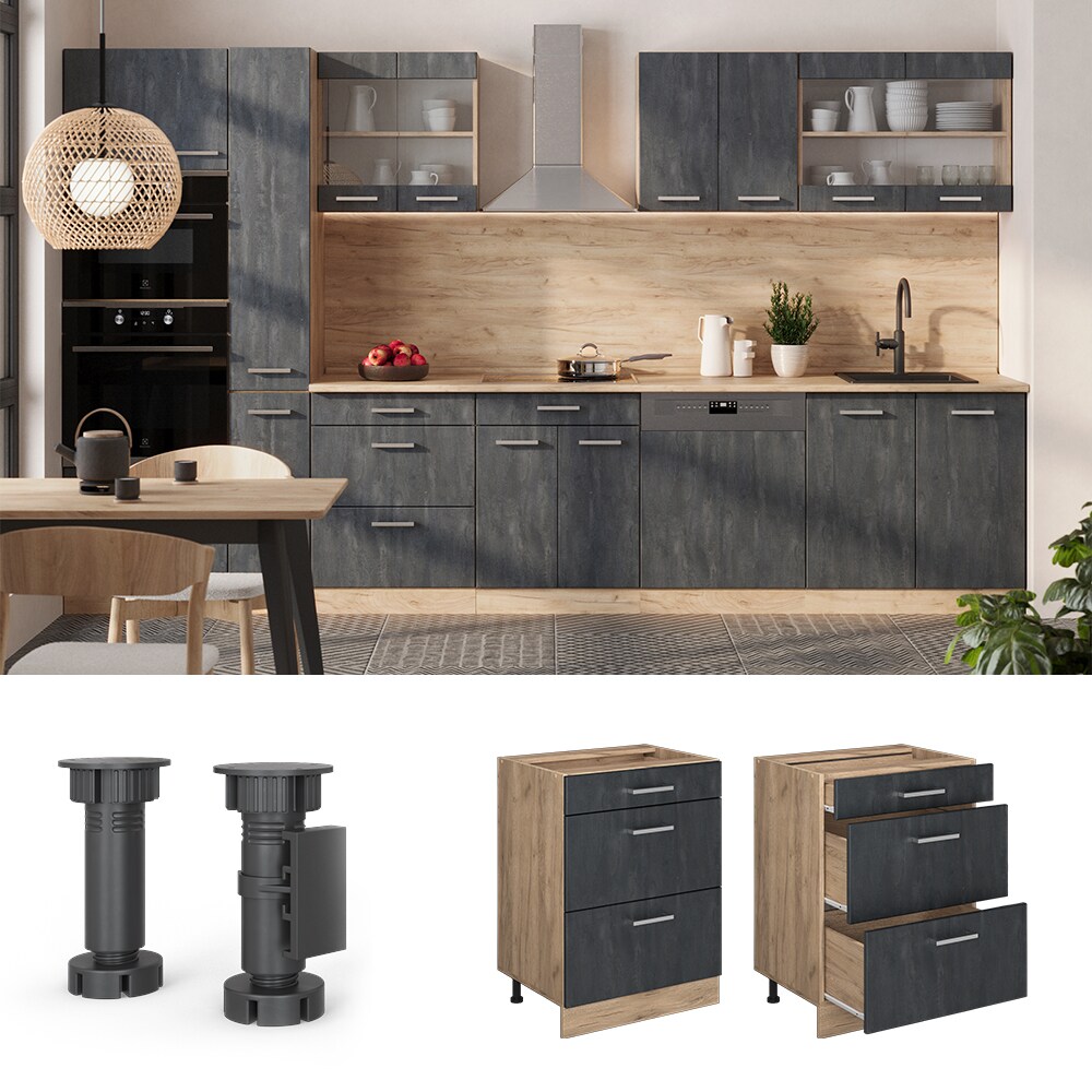Vicco Schubladenunterschrank R-Line Schwarz Beton Eiche 60 cm mit Arbeitsplatte Weiß-Marmor