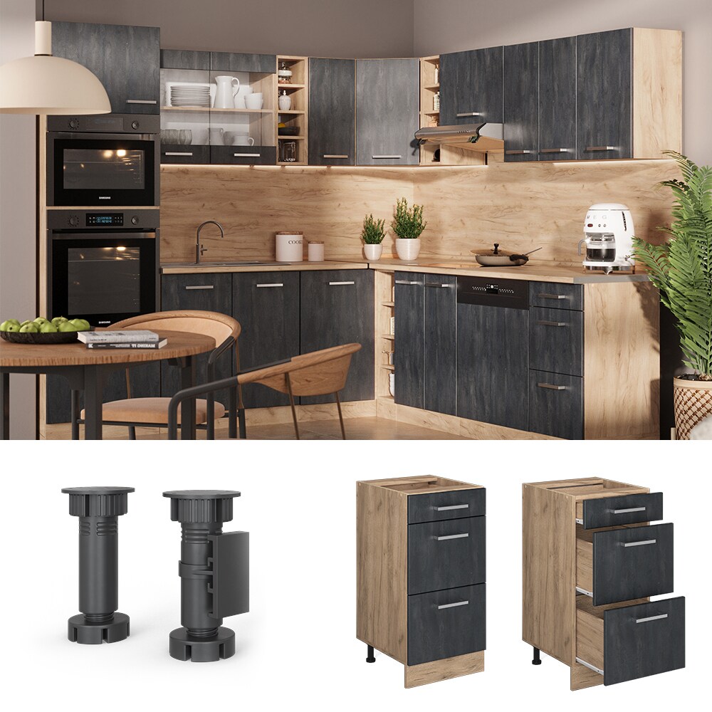Vicco Schubladenunterschrank R-Line Schwarz Beton Eiche 40 cm mit Arbeitsplatte Weiß-Marmor