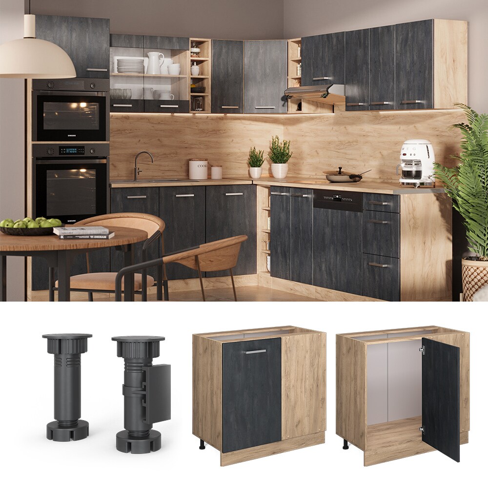 Vicco Eckunterschrank R-Line Schwarz Beton Eiche 86 cm mit Arbeitsplatte Weiß-Marmor
