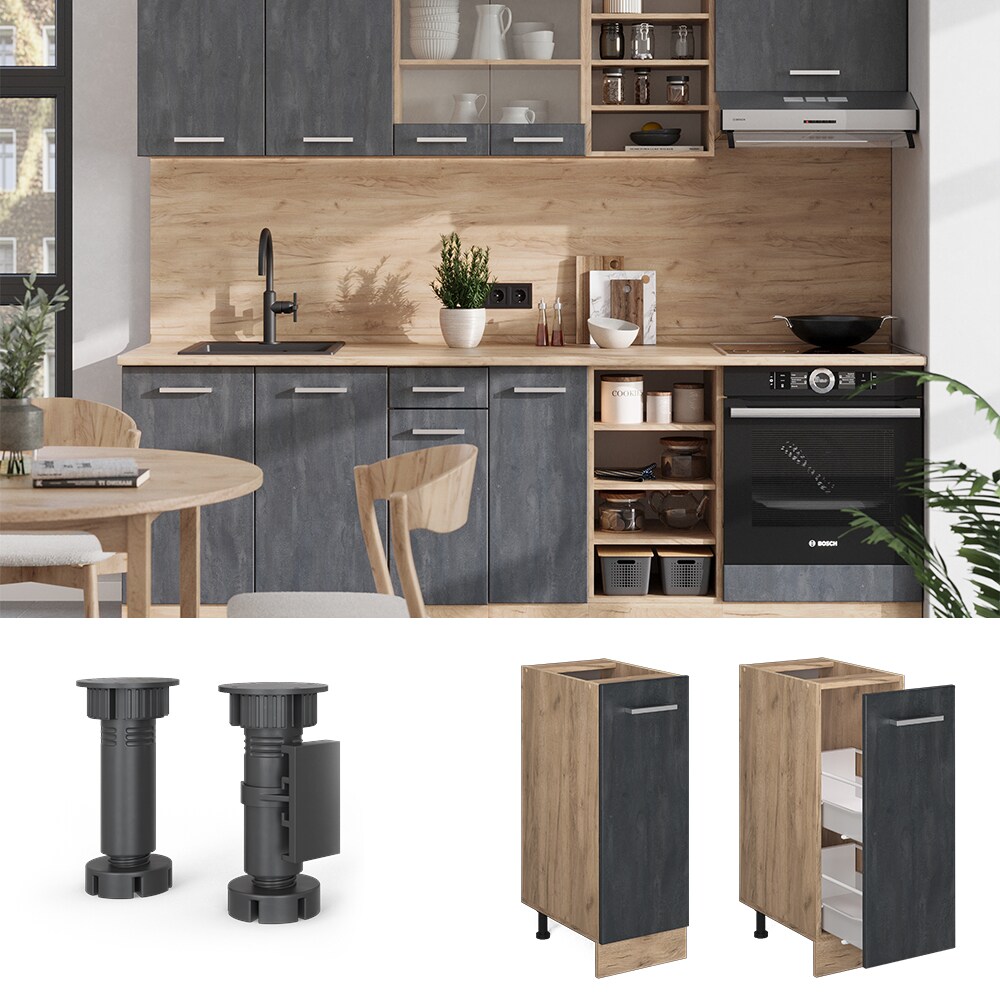 Vicco Apothekerunterschrank R-Line Schwarz Beton Eiche 30 cm mit Arbeitsplatte Eiche