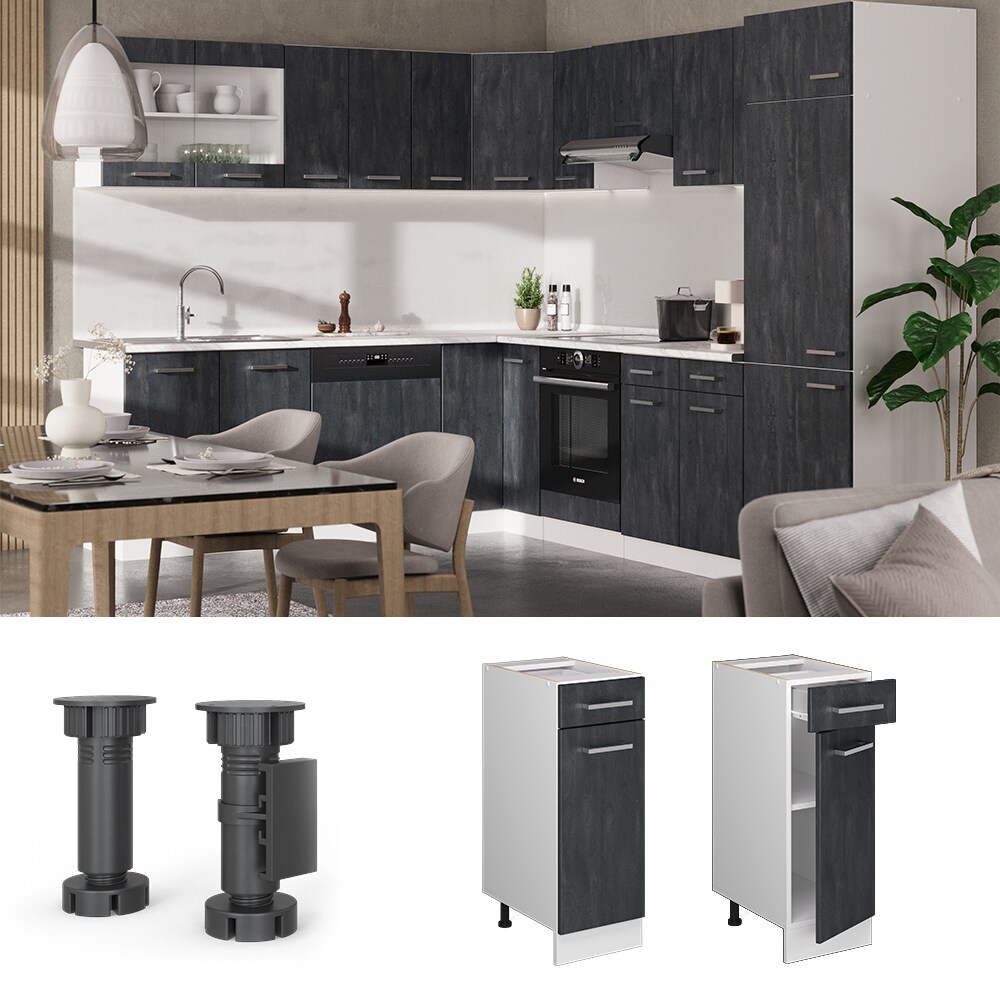 Vicco Schubunterschrank R-Line Schwarz Beton Weiß 30 cm mit Arbeitsplatte Eiche