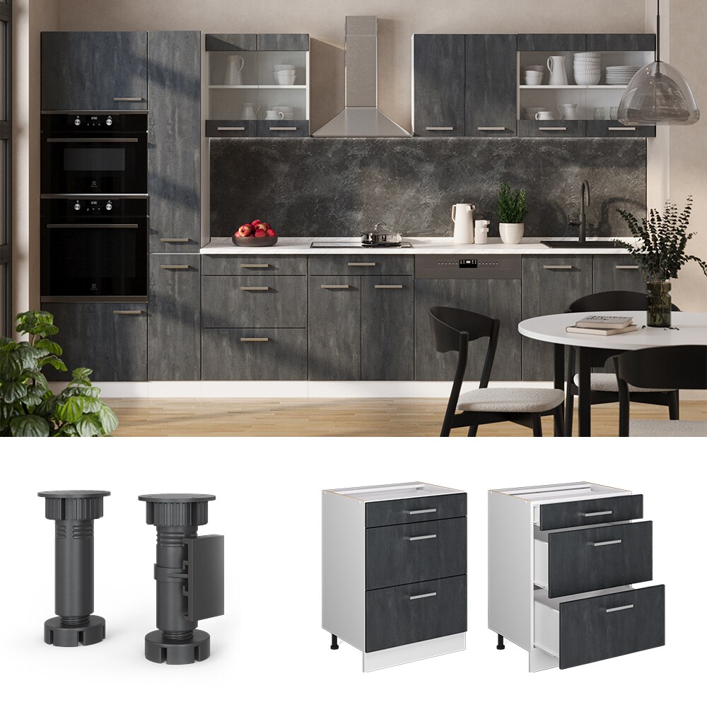 Vicco Schubladenunterschrank R-Line Schwarz Beton Weiß 60 cm mit Arbeitsplatte Eiche