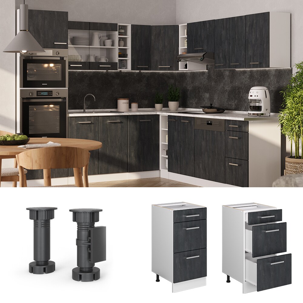 Vicco Schubladenunterschrank R-Line Schwarz Beton Weiß 40 cm mit Arbeitsplatte Eiche