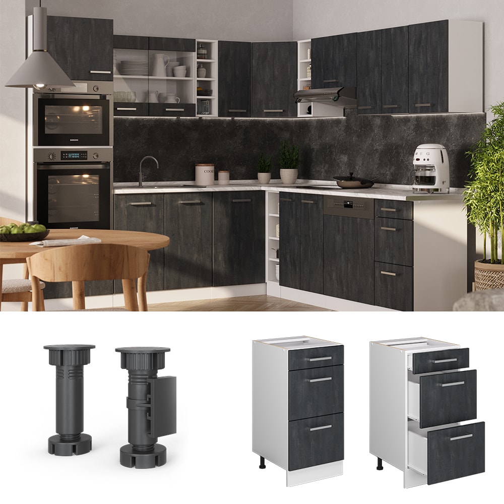 Vicco Schubladenunterschrank R-Line Schwarz Beton Wei&szlig; 40 cm mit Arbeitsplatte Wei&szlig;-Marmor - Bild 1