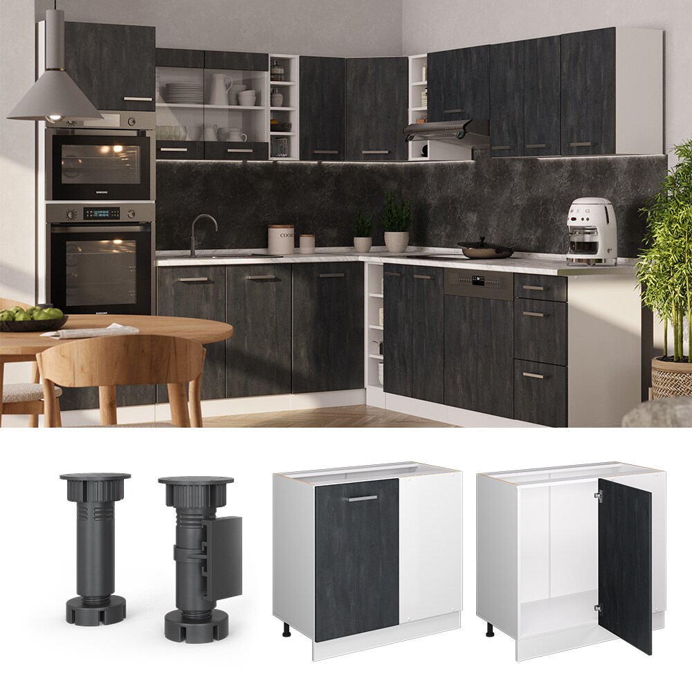 Vicco Eckunterschrank R-Line Schwarz Beton Weiß 86 cm mit Arbeitsplatte Eiche