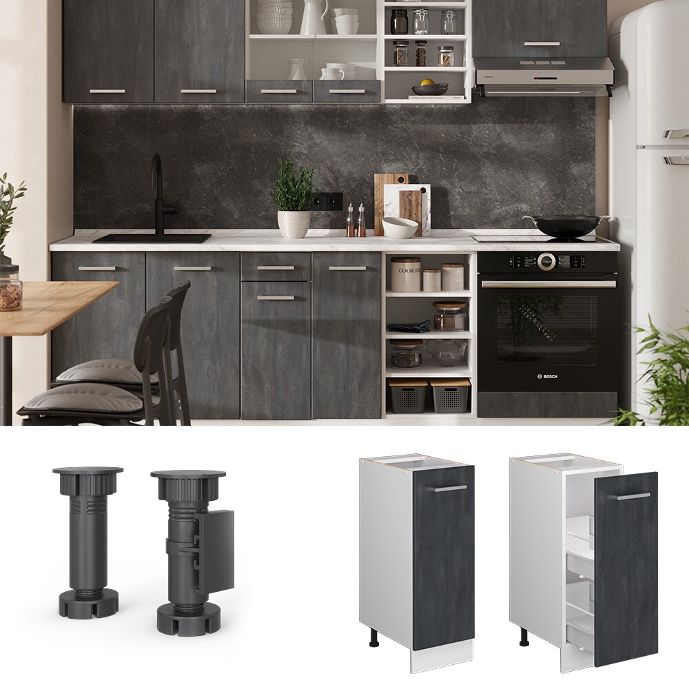 Vicco Apothekerunterschrank R-Line Schwarz Beton Weiß 30 cm mit Arbeitsplatte Eiche