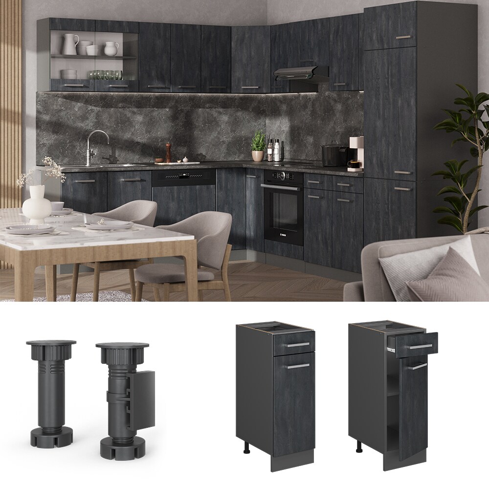 Vicco Schubunterschrank R-Line Schwarz Beton Anthrazit 30 cm mit Arbeitsplatte Eiche - Bild 1