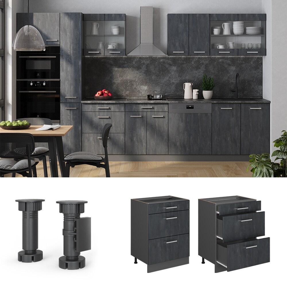 Vicco Schubladenunterschrank R-Line Schwarz Beton Anthrazit 60 cm mit Arbeitsplatte Eiche