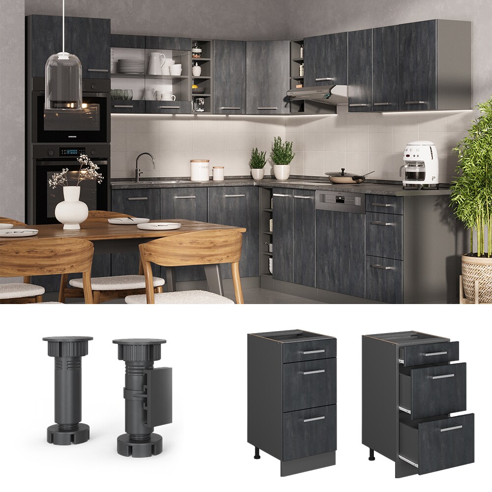Vicco Schubladenunterschrank R-Line Schwarz Beton Anthrazit 40 cm mit Arbeitsplatte Anthrazit