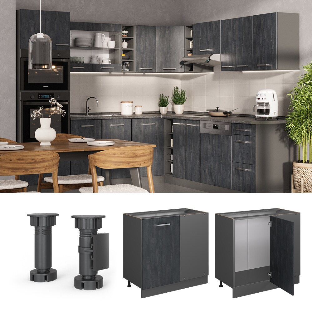 Vicco Eckunterschrank R-Line Schwarz Beton Anthrazit 86 cm mit Arbeitsplatte Eiche