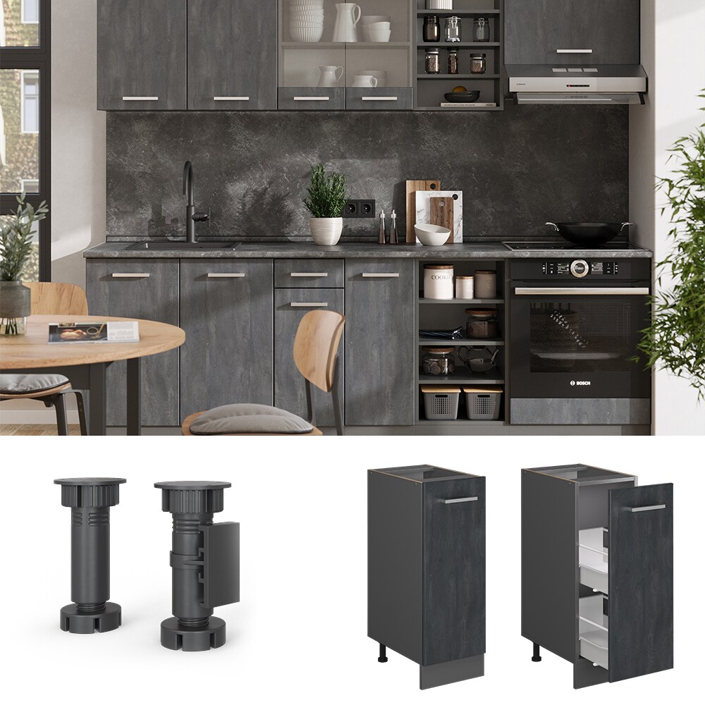 Vicco Apothekerunterschrank R-Line Schwarz Beton Anthrazit 30 cm mit Arbeitsplatte Eiche