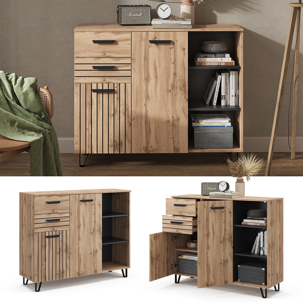 Vicco Sideboard Amber Eiche Wotan 120 x 100 cm mit 2 T&uuml;ren und 2 Schubladen - Bild 1