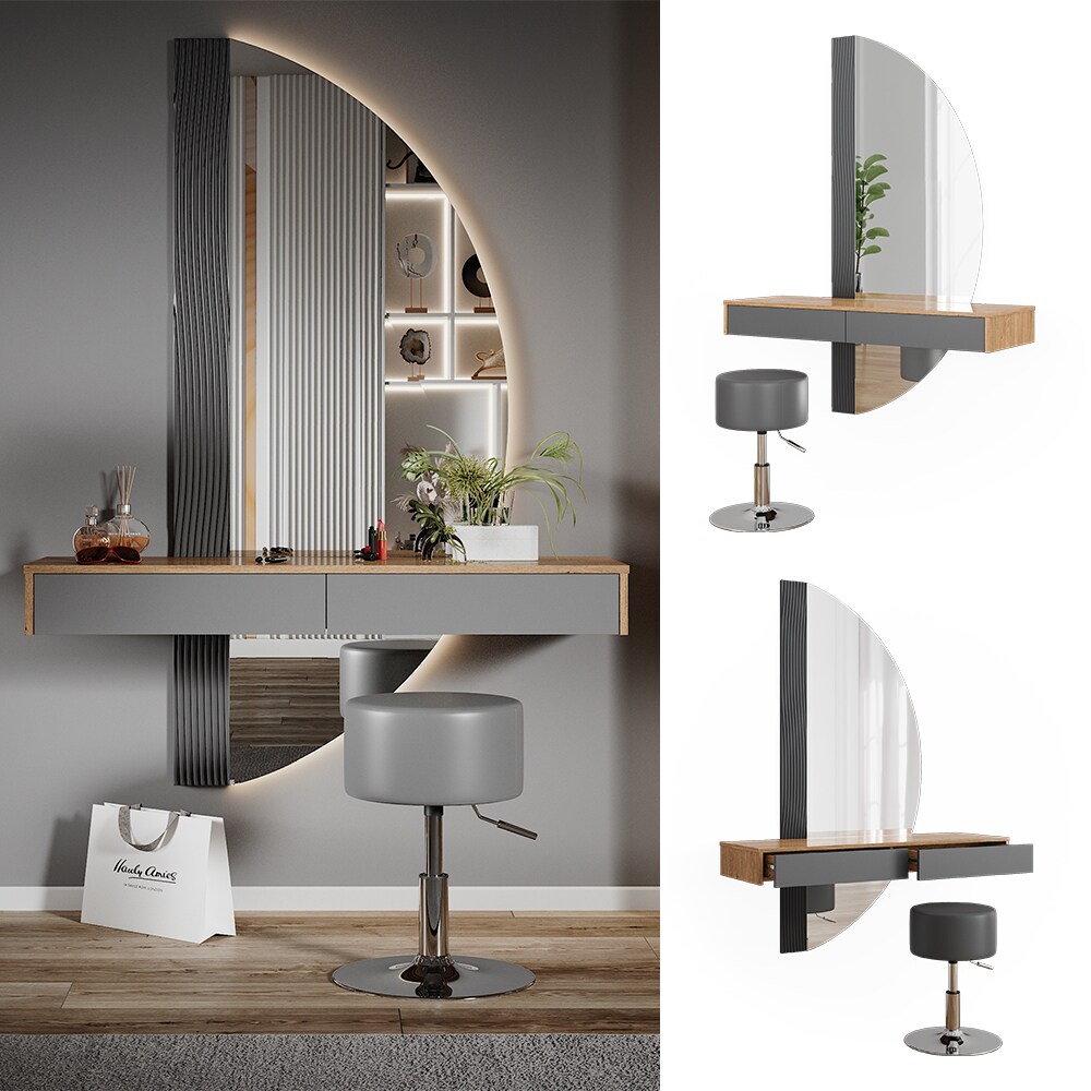 Vicco Schminktisch Melisa Eiche Grau 120 cm mit Beleuchtung und Hocker