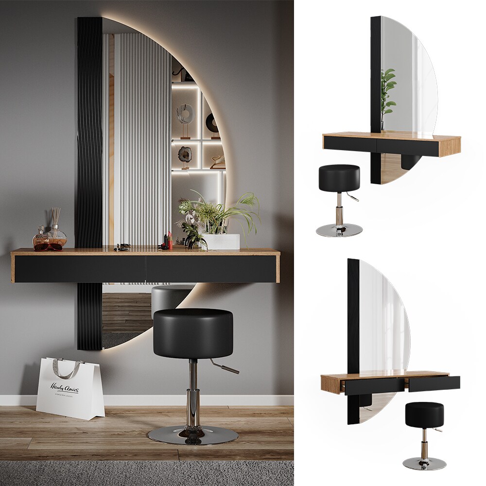 Vicco Schminktisch Melisa Eiche Schwarz 120 cm mit Beleuchtung und Hocker | 04066731405756