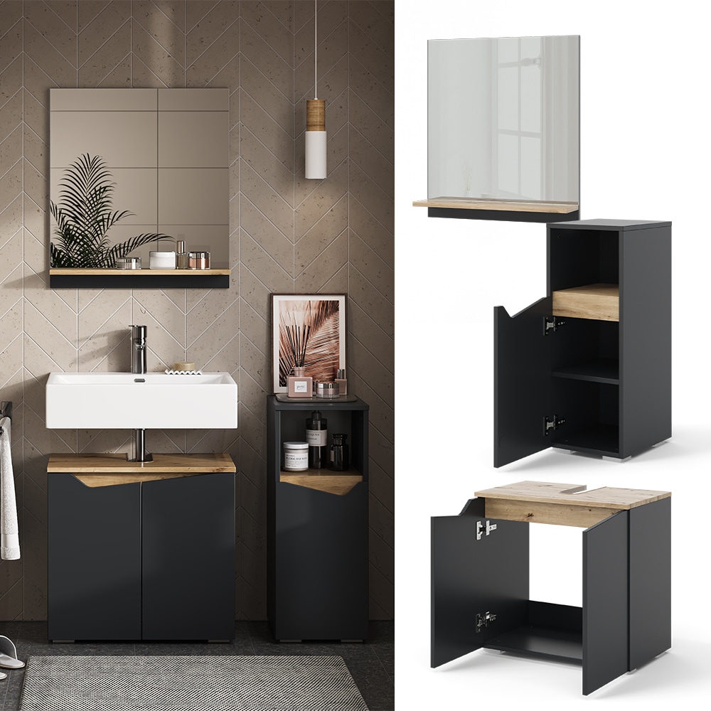 Vicco Badm&ouml;bel-Set Marelle Anthrazit Eiche 3 Teile Midischrank - Bild 1
