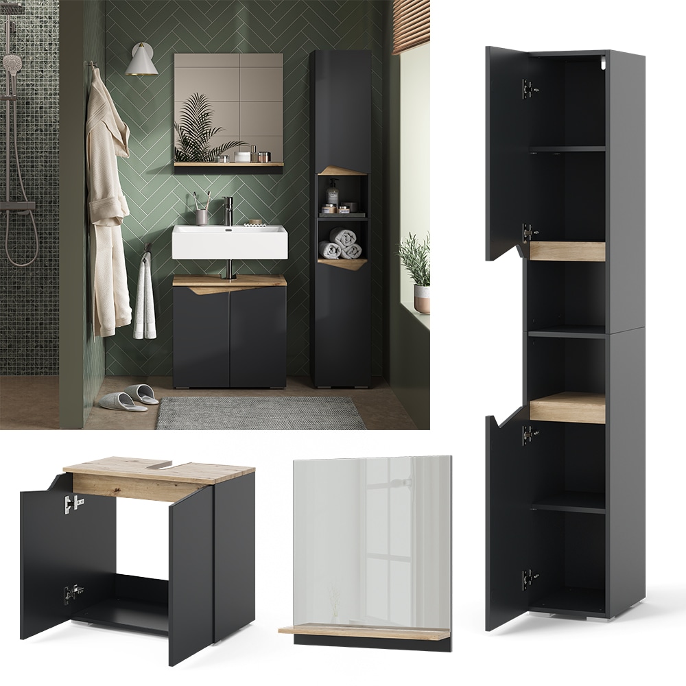 Vicco Badm&ouml;bel-Set Marelle Anthrazit Eiche 3 Teile Hochschrank - Bild 1