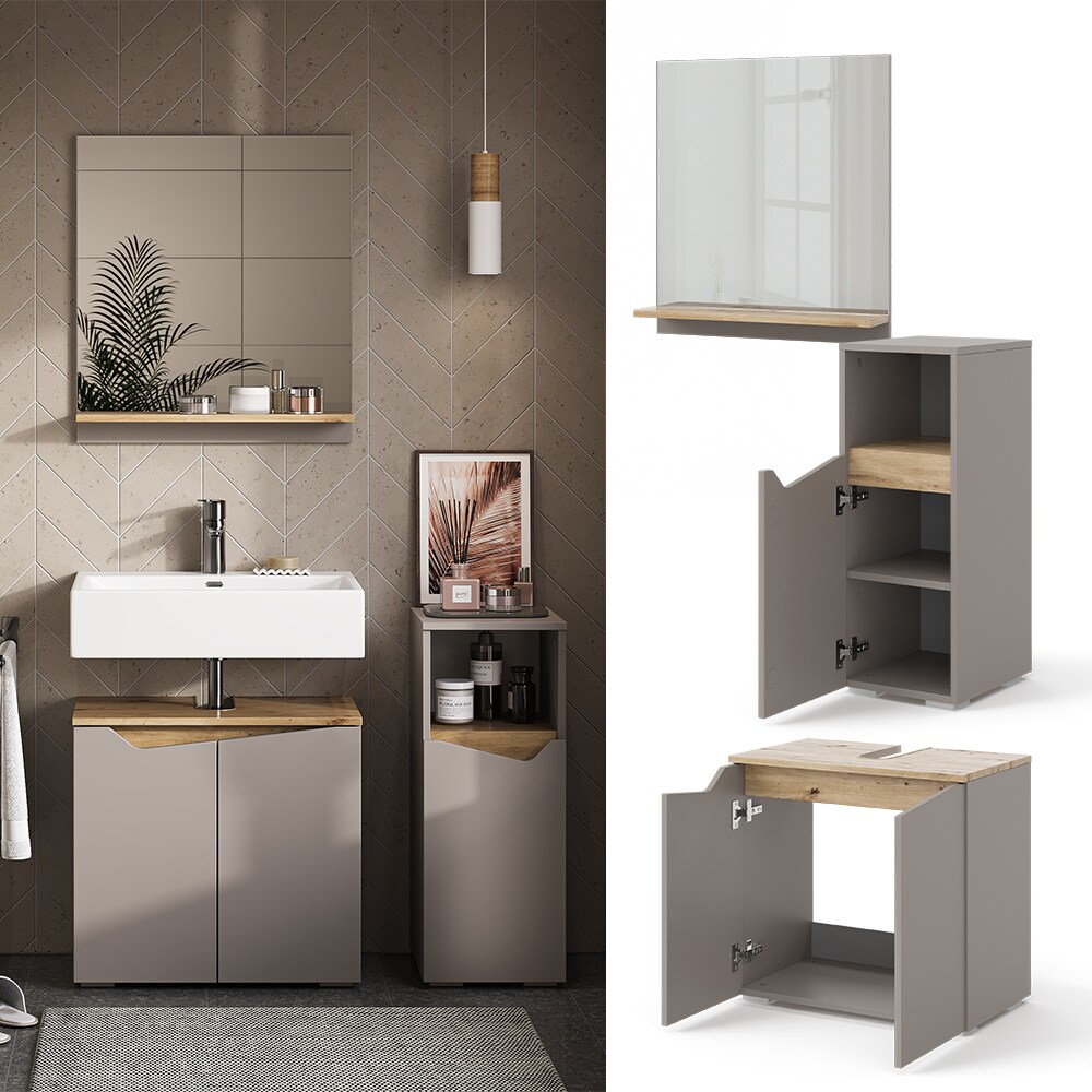 Vicco Badmöbel-Set Marelle Greige Eiche 3 Teile Midischrank