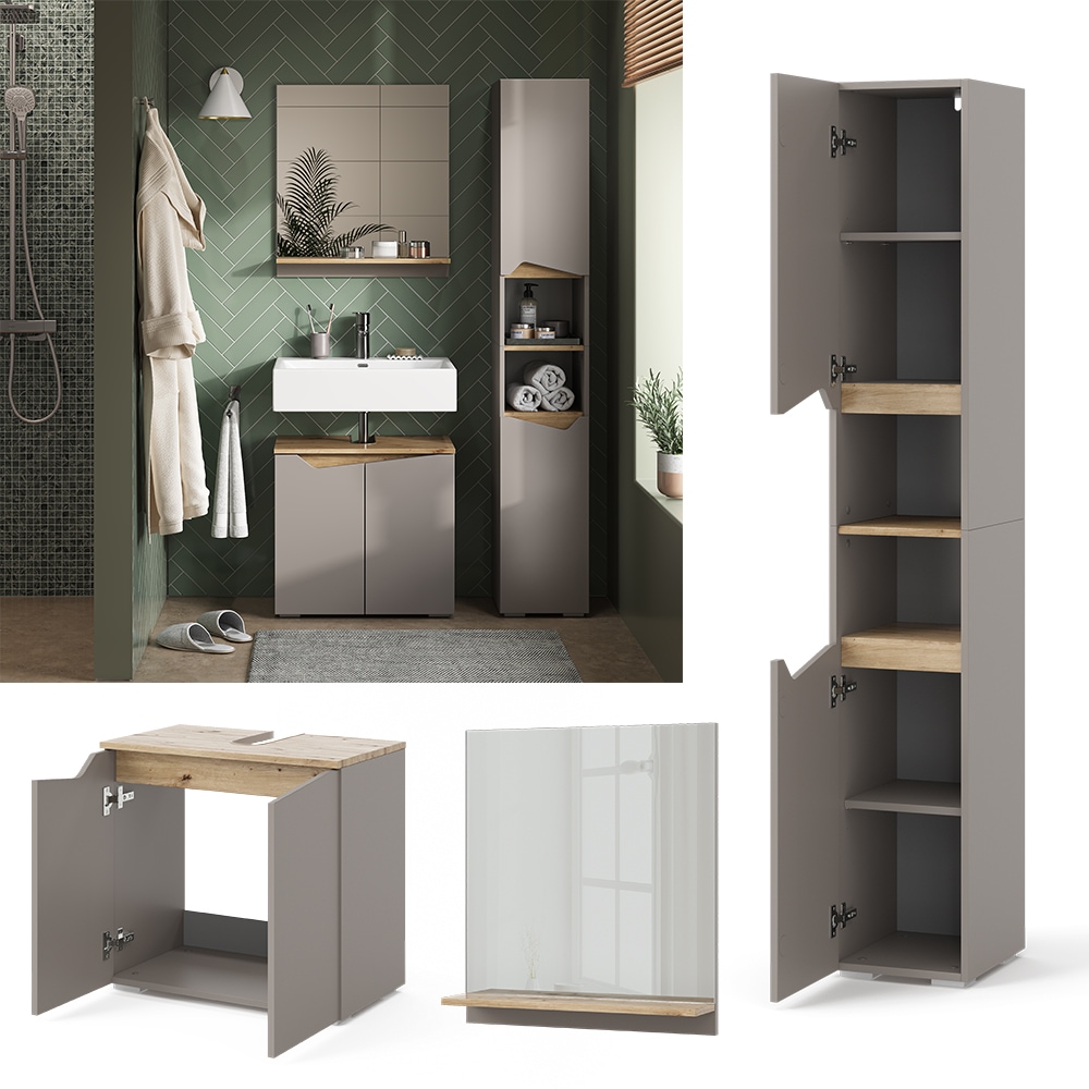 Vicco Badm&ouml;bel-Set Marelle Greige Eiche 3 Teile Hochschrank - Bild 1