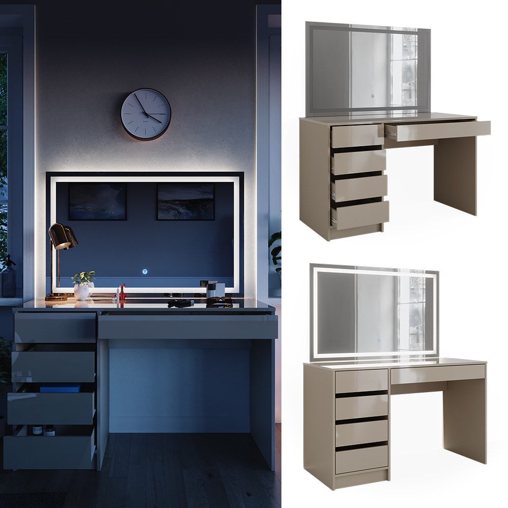 Vicco Schminktisch Sherry Greige Hochglanz 120 x 75 cm 5 Schubladen LED-Spiegel - Bild 1